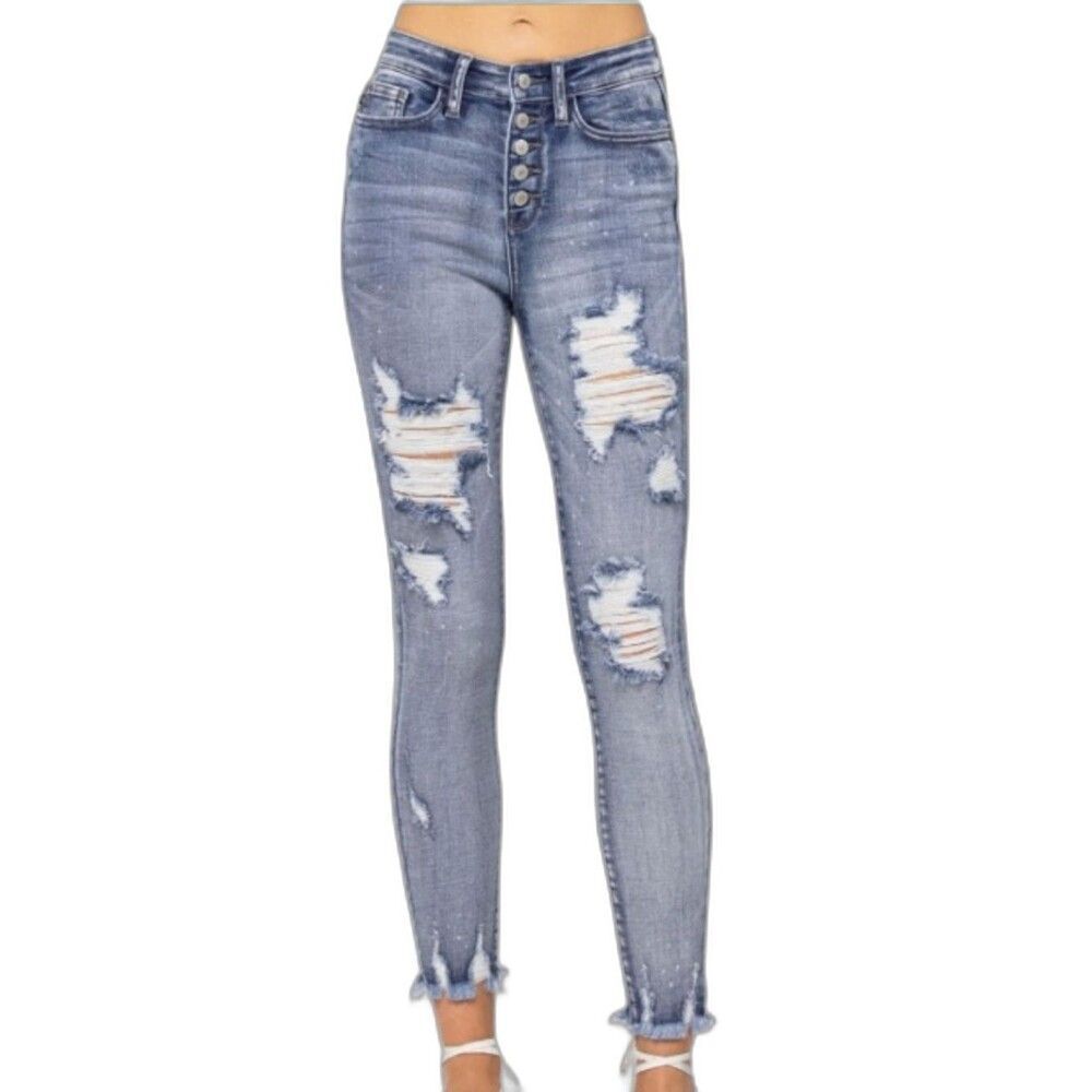 NWT Judy Blue High Waist Skinny Jeans Size 5/27 Medium Wash Destroyed Denim